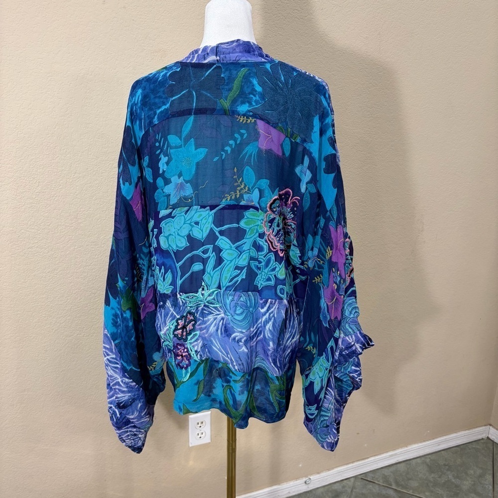 Half Moon Bay Womens Blue Floral Beaded Embroidered Open Kimono Sz L Boho Hippie - Picture 5 of 13